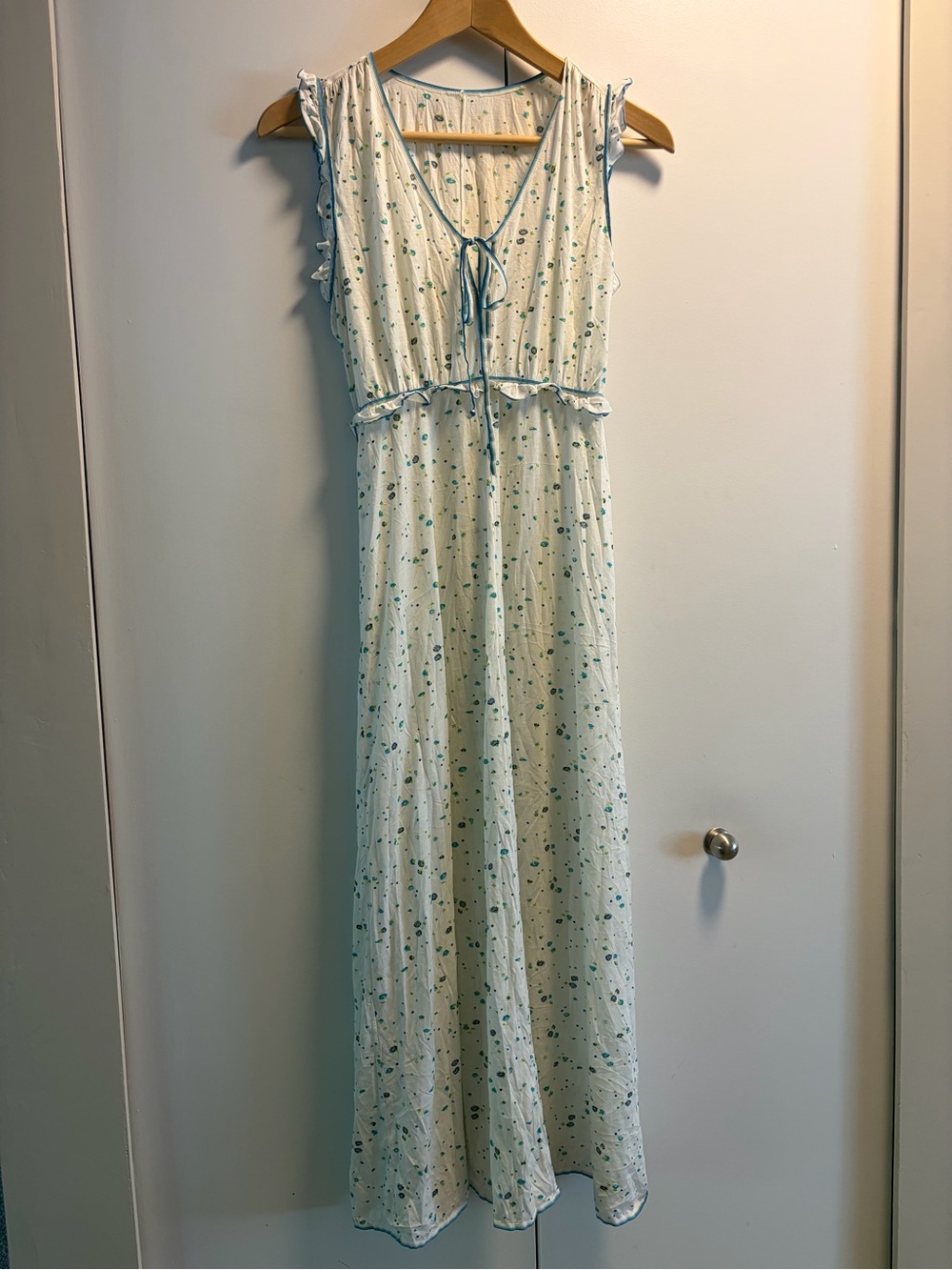 White Blue Floral Maxi Dress Cottagecore Flutter Sleeve Tie Front